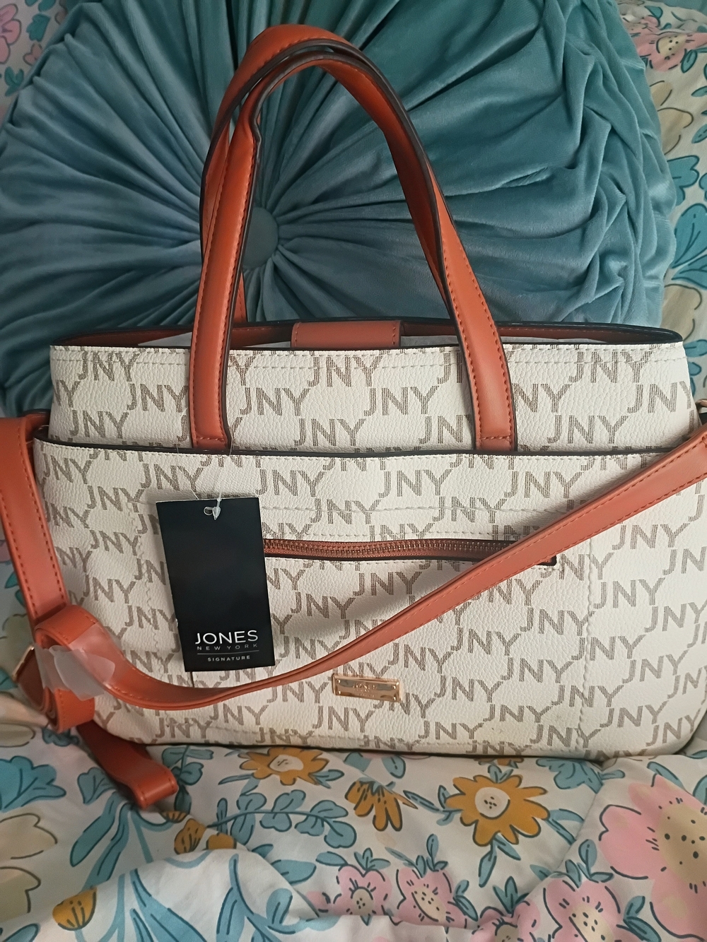 Jones New York Cream JNY Monogram Tote with Tan Trim